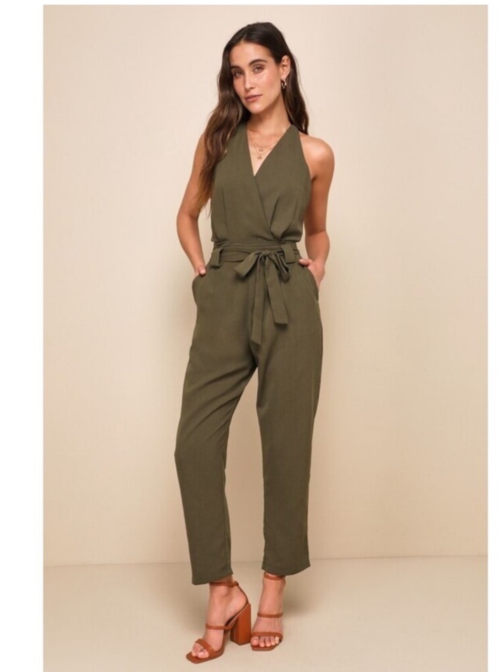 The Lulus In the City Olive Green Surplice Sleeveless Jumpsuit M